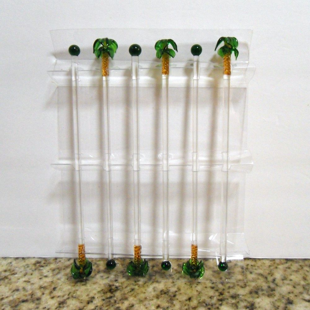 Art Glass Swizzle Sticks Palm Trees Set of 6 - New Open Box